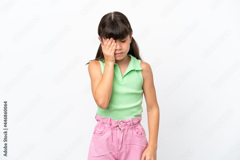 Little caucasian kid isolated on white background with headache Little caucasian kid isolated on white background with headache