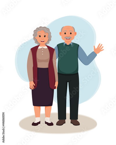 Happy grandparents standing together. Vector illustration of grandmother and grandfather. Elderly couple waving hand. Old woman, old man