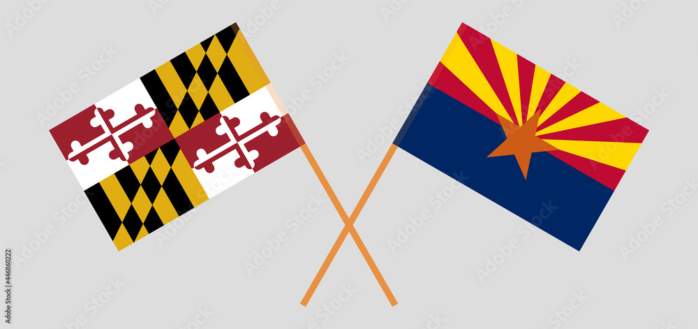 Crossed flags of the State of Maryland and the State of Arizona. Official colors. Correct proportion