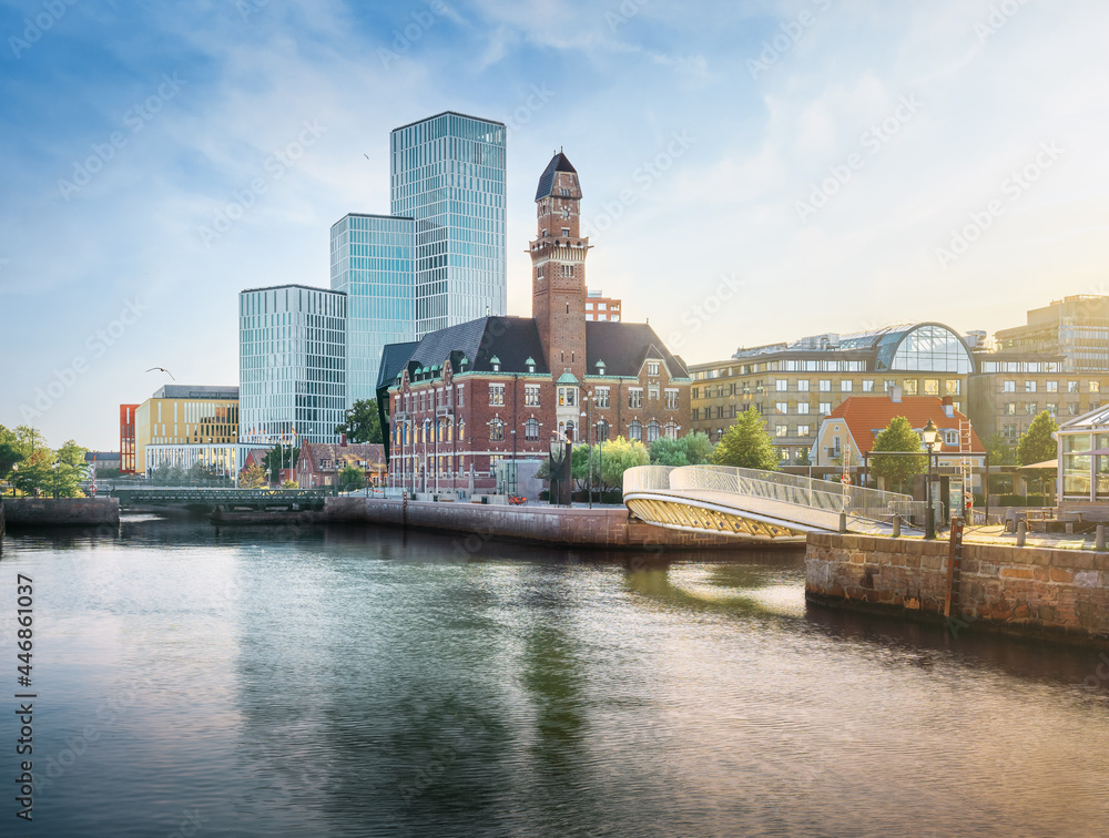Colorful view of Malmo Skyline and Hamnkanalen Canal - Malmo, Sweden Colorful view of Malmo Skyline and Hamnkanalen Canal - Malmo, Sweden