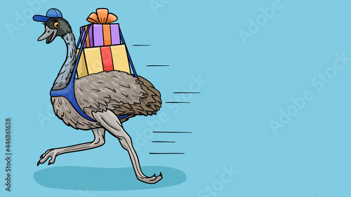 A cartoon ostrich runs with parcels to the address.