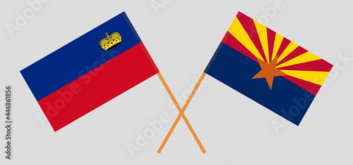Crossed flags of Liechtenstein and the State of Arizona. Official colors. Correct proportion