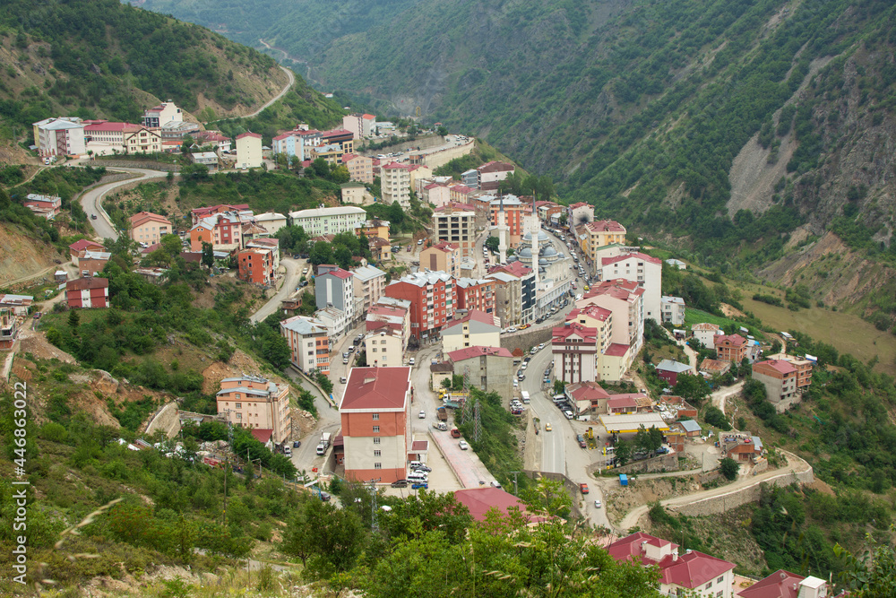 A view of the city center of the Kurtun district of Gumushane province from above.On June 28, 2021
