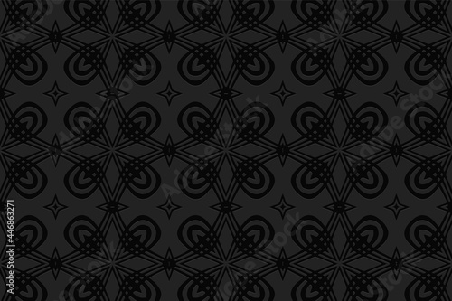 3D volumetric convex embossed geometric black background. Ethnic oriental, Asian, Indian pattern with handmade elements, doodling technique.