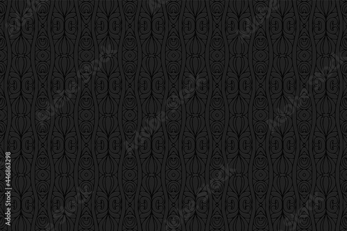 3D volumetric convex embossed geometric black background. Ethnic decorative oriental, Asian, Indian pattern with handmade elements, doodling technique.