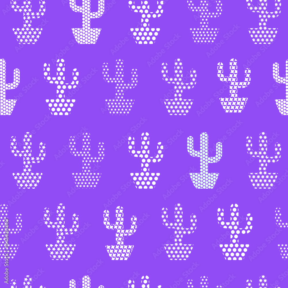 endless vector pattern of silhouettes of cacti from dots, stars. Amethyst, purple color background endless vector pattern of silhouettes of cacti from dots, stars. Amethyst, purple color background