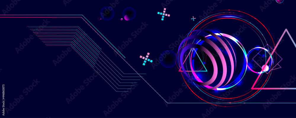 Dark retro futuristic art neon abstraction background cosmos new art 3d starry sky glowing galaxy and planets blue circles