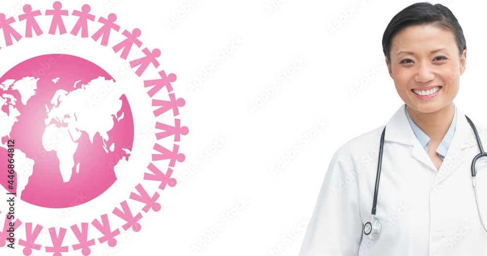 Animation of pink globe logo over smiling female doctor Animation of pink globe logo over smiling female doctor
