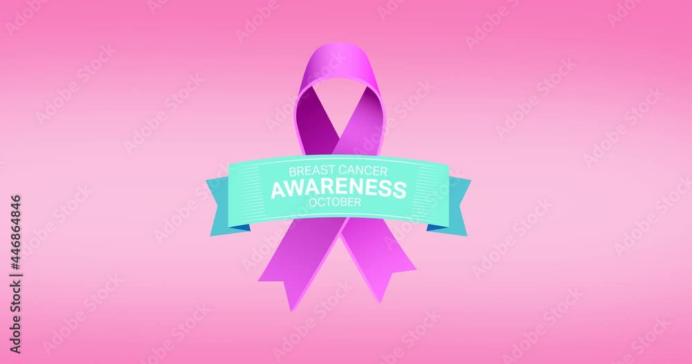 Animation of pink ribbon logo and breast cancer text appearing on pink background Animation of pink ribbon logo and breast cancer text appearing on pink background