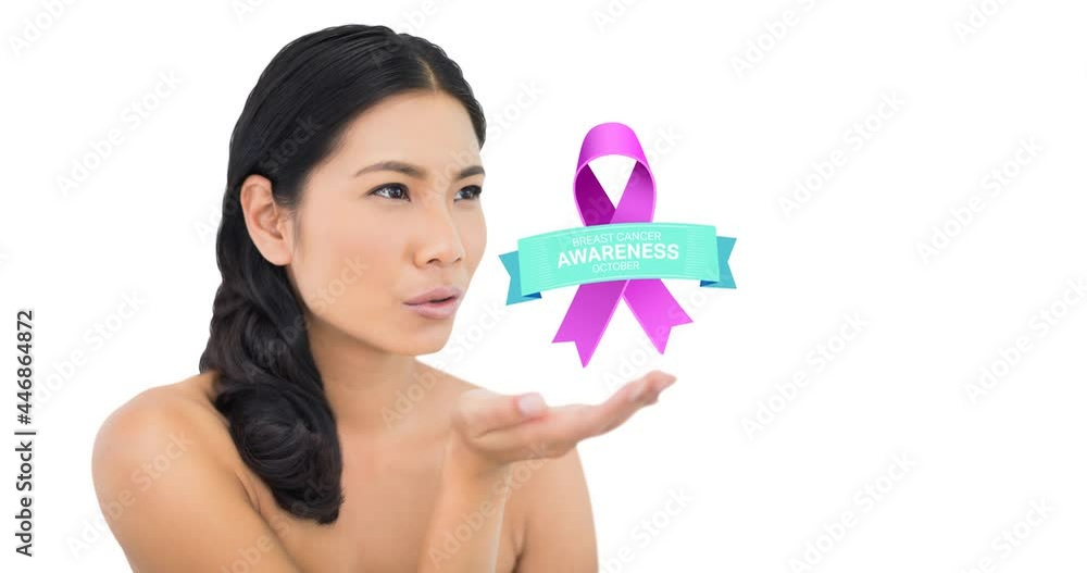 Animation of pink ribbon logo with breast cancer text over young woman Animation of pink ribbon logo with breast cancer text over young woman