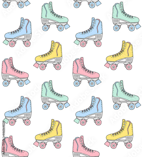 Vector seamless pattern of different color hand drawn doodle sketch quad roller skate isolated on white background