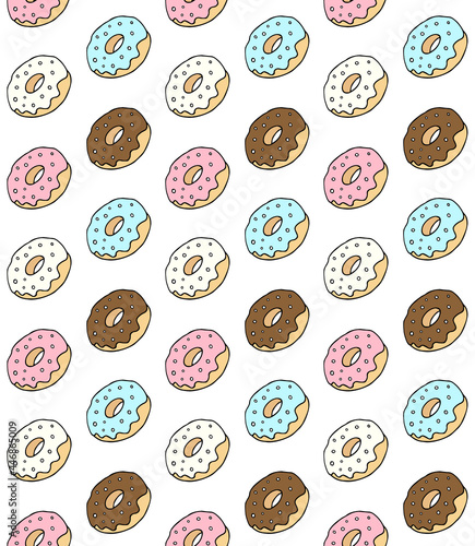 Vector seamless pattern of different color hand drawn doodle sketch donut isolated on white background