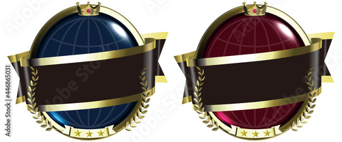 エンブレム 黄金の月桂樹と王冠 地球 リボン 2色