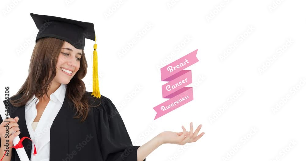 Animation of pink breast cancer text over smiling female student Animation of pink breast cancer text over smiling female student