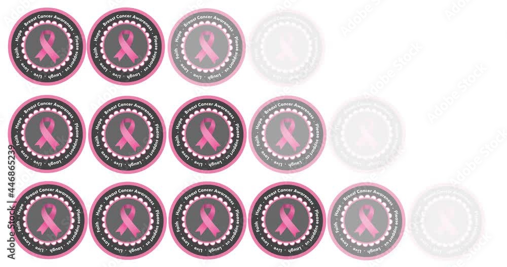 Animation of multiple pink ribbon logo and breast cancer text appearing on white background Animation of multiple pink ribbon logo and breast cancer text appearing on white background