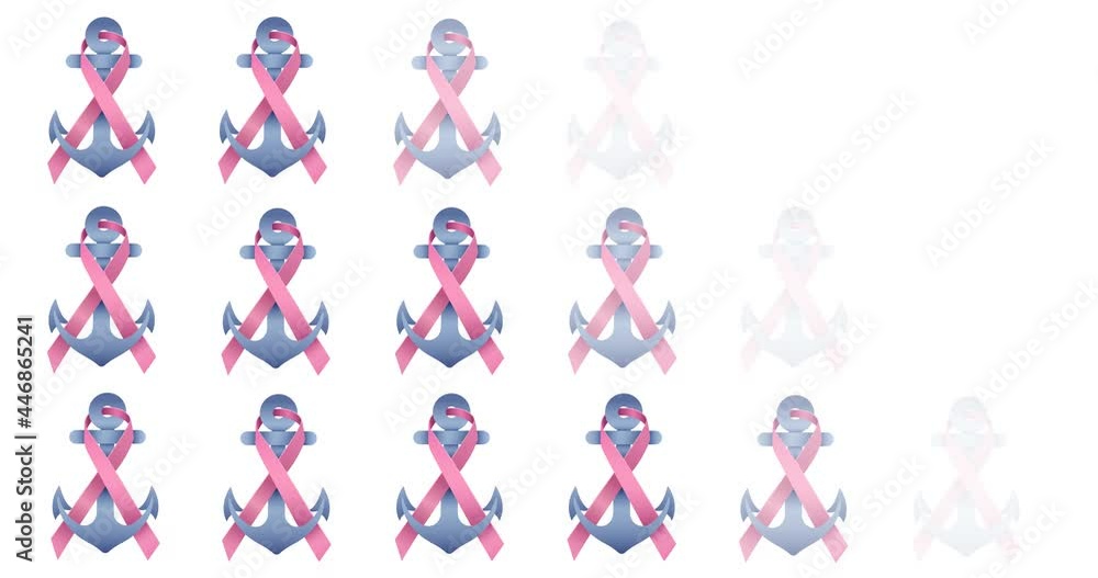 Animation of multiple pink ribbon anchor logo appearing on white background Animation of multiple pink ribbon anchor logo appearing on white background