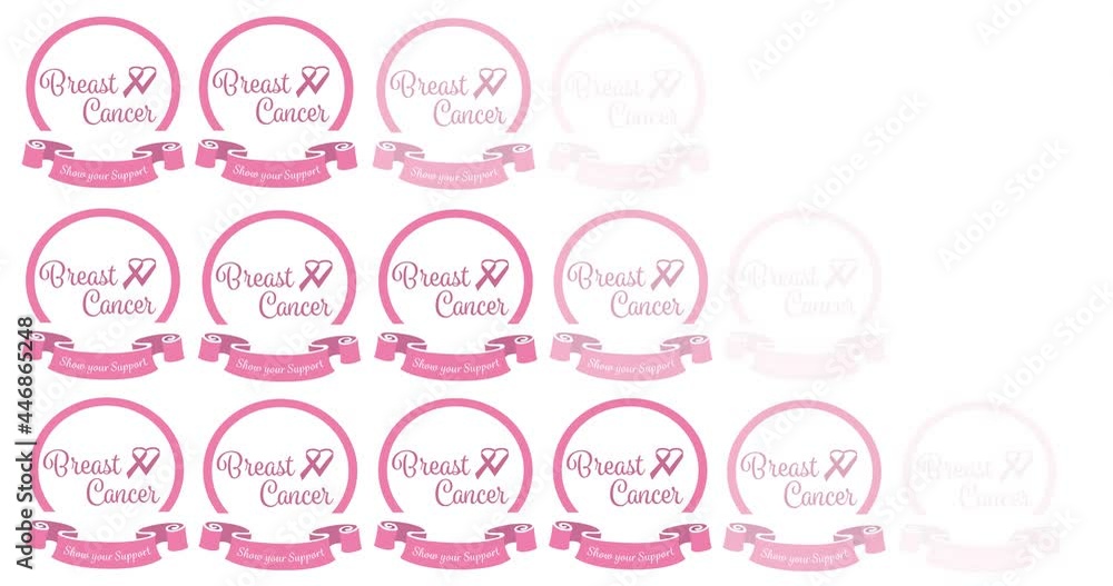 Animation of multiple pink breast cancer ribbon logo with breast cancer text on white Animation of multiple pink breast cancer ribbon logo with breast cancer text on white