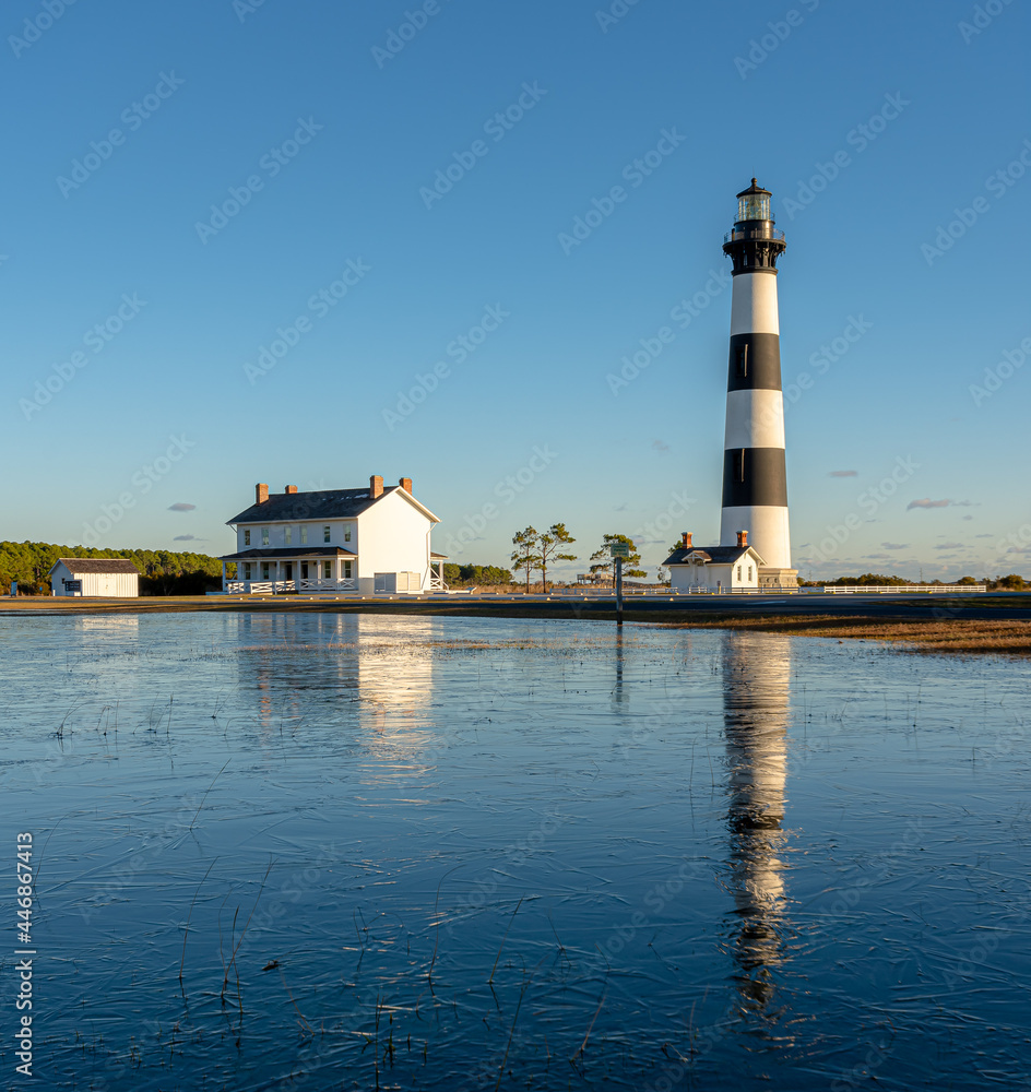 Bodie Island Lighthouse is located at the northern end of Cape Hatteras National Seashore, North Carolina , USA. Bodie Island Lighthouse is located at the northern end of Cape Hatteras National Seashore, North Carolina , USA.