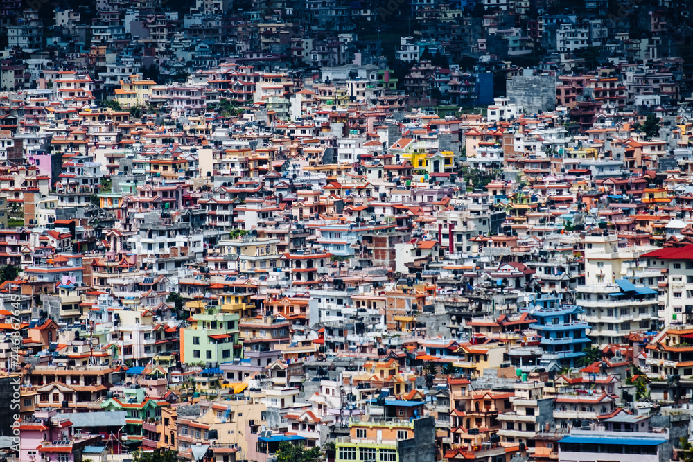 Kathmandu’s cityscape perspective featuring colourful houses, Nepal