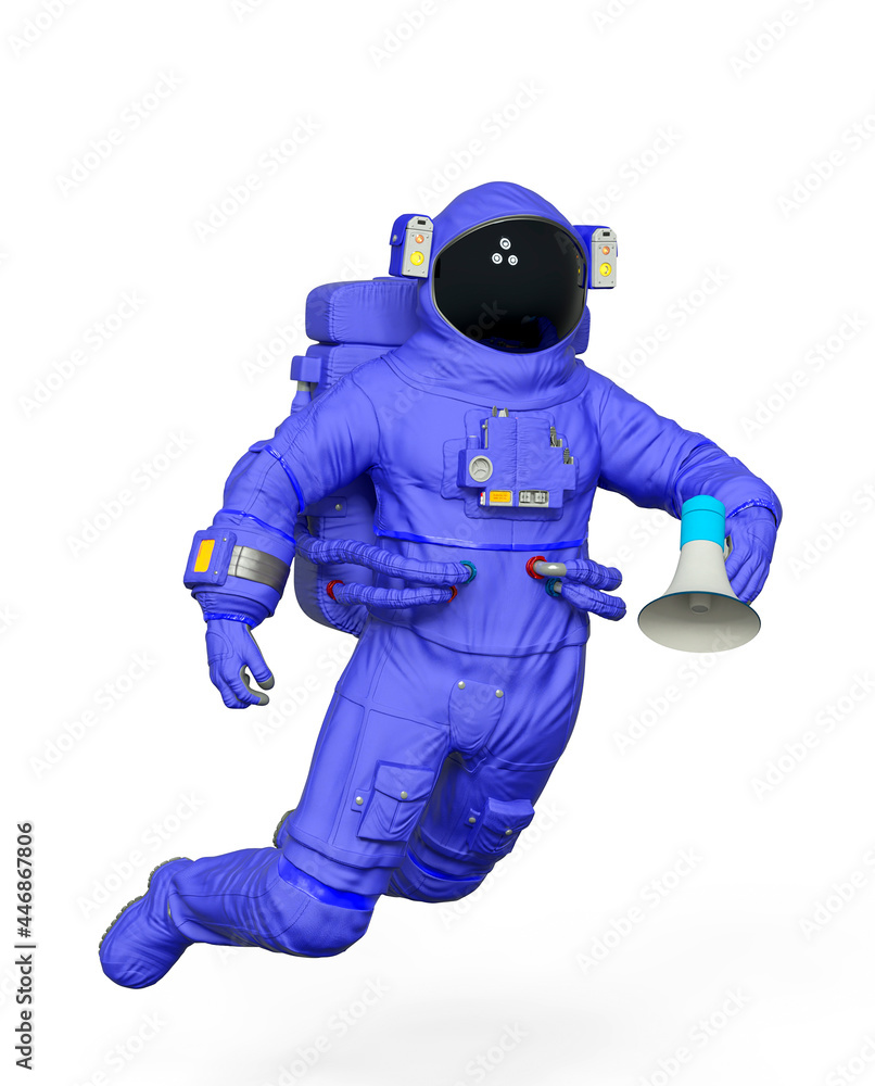 astronaut is drifting and holding a bullhorn on his hand
