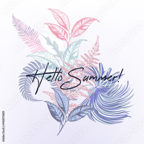 Hello summer, tropical vector illustration with palm leaves