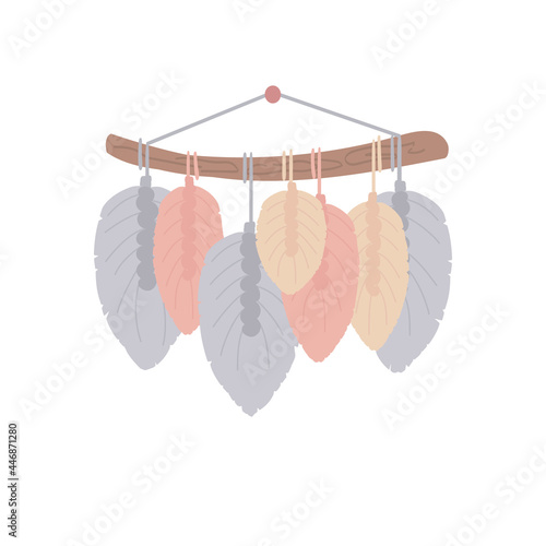 Macrame with Leaves ornament of cotton cord. Panel wall hanging. Diy stylish interior decor. Wicker hand made modern Scandinavian. Vector illustration, isolated on white background