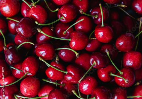 Close up of a bunch of bright red cherries shot from above. photo