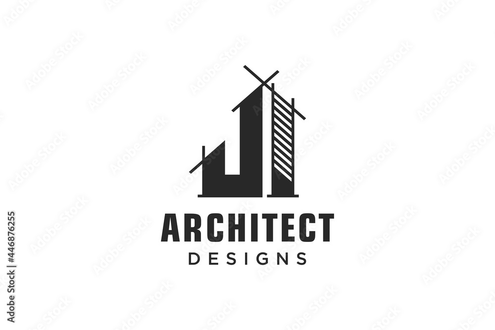 Letter J Simple modern building architecture logo design with line art