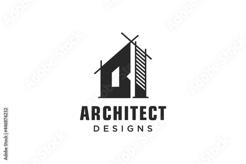 Letter B Simple modern building architecture logo design with line art skyscraper graphic