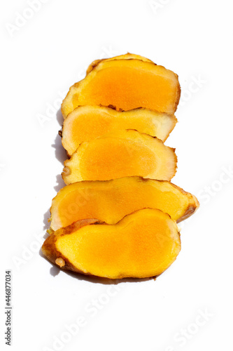 Phlai slices, Cassumumr ginger or zingiber montanum on white background. photo