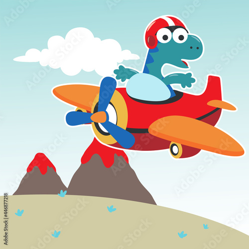 Vector illustration of colorful graphics dinosaurs flies in the sky on an airplane. Can be used for t-shirt print, kids wear fashion design, invitation card. fabric, textile, nursery wallpaper. © Hijaznahwani
