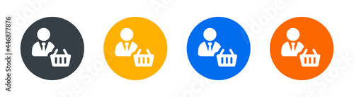 Businessman with basket icon. Sale marketing symbol. Business commercial concept.