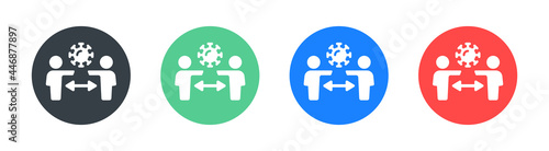 Coronavirus pandemic symbol. People keep distance prevention from virus icon on circle sign.