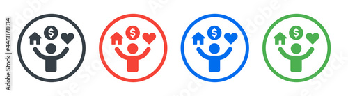 Man holding house, money and love icon, symbol of human needs icon. Vector illustration