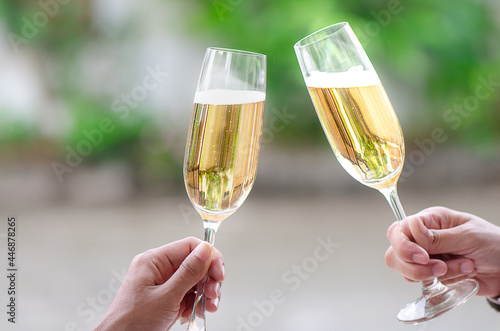 two person holding two glasses of white wine at a celebration dinner