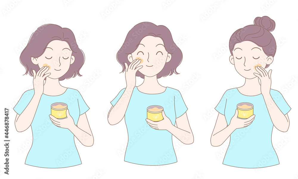 Girl rubbing lotion on her face, three different angles
