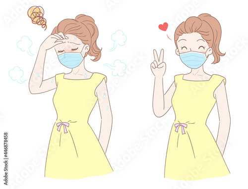 A woman wearing a mask is sultry and sweaty, contrasting with a happy and comfortable expression
