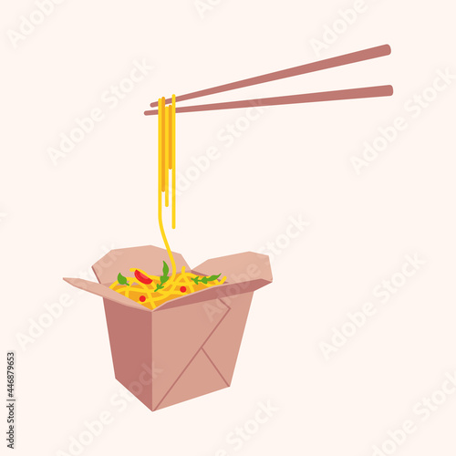 Asian noodle with vegetables in paper box and chopsticks with noodles vector illustration