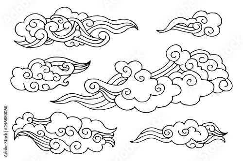 Collection of black clouds in Chinese style. Vector illustration.