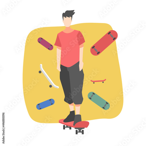 illustration of teenage boy riding a skateboard. isolated on an orange background with many skateboard icons. suitable for the theme of hobbies, style, youth, fashion, etc. flat vector