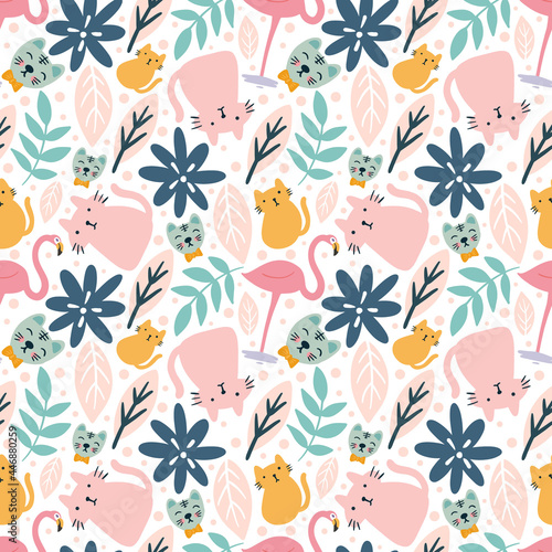 colorful vector pattern with cute animals and leaf