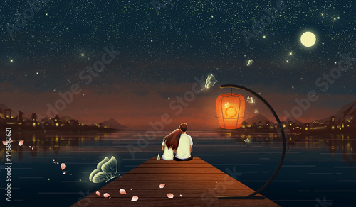 Couple snuggling on the shore.Beautiful Valentine's Day