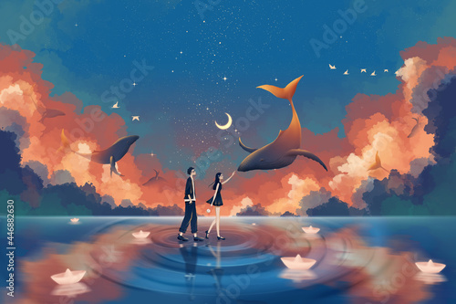 The adventure of lovers and whales.Beautiful Valentine's Day illustration