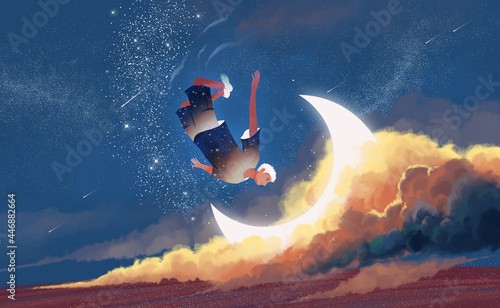 A man was flying in the clouds of the starry sky.painting