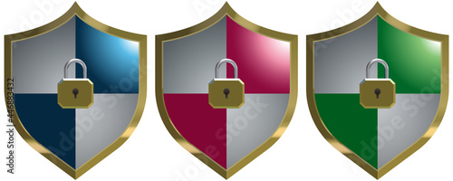 セキュリティの盾と鍵3色