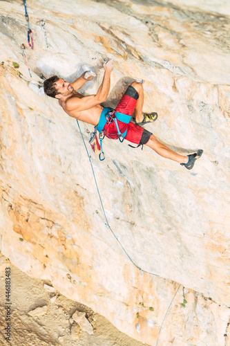 Aerial view of a rock climber. Sunny day. 