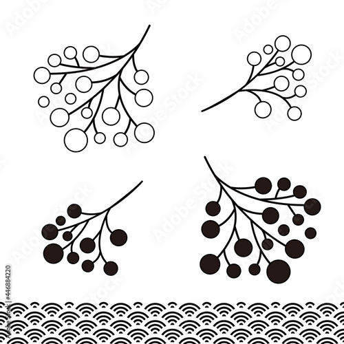 縁起がいい日本の新年の植物。南天と和柄のベクターイラスト。修正が簡単で年賀状に最適。