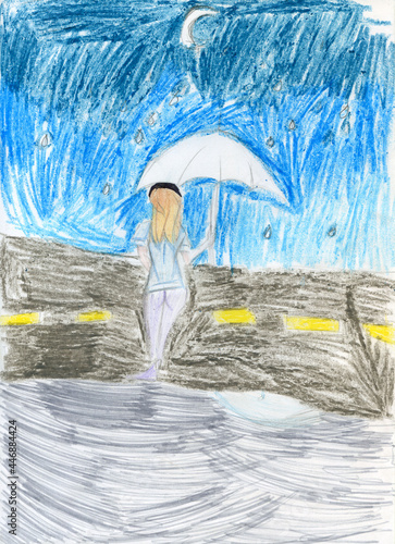 Fototapeta Naklejka Na Ścianę i Meble -  The girl walks at night in the rain. Pencil drawing