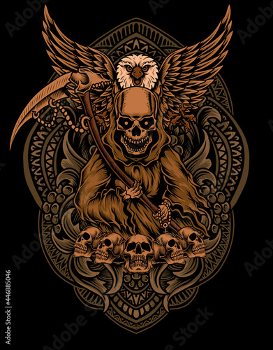 illustration death angel with eagle bird on engraving ornament