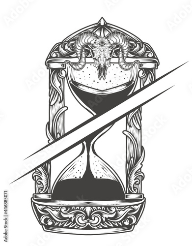 Illustration broken hourglass monochrome style